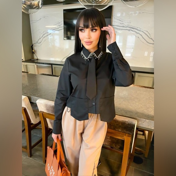 52B. Button Front Long Sleeve With Tie - Picture 1 of 11